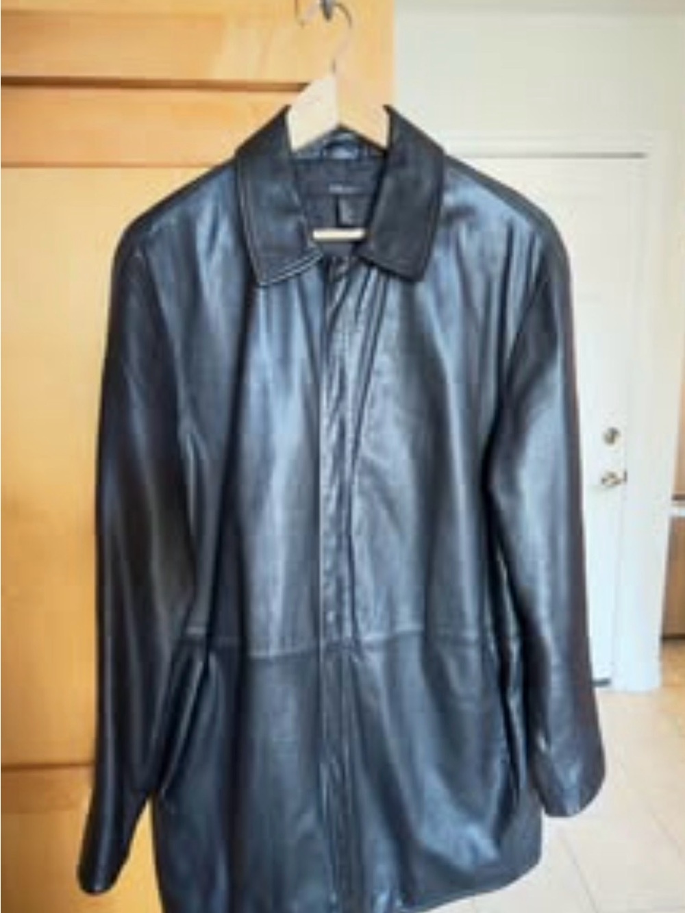 DKNY Men’s Genuine Black Leather Car Coat Jacket - Size Medium